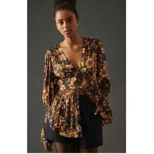 FLAW Anthropologie Deep V Neck Satin Floral Long Bell Sleeves Tunic Top Size XXS
